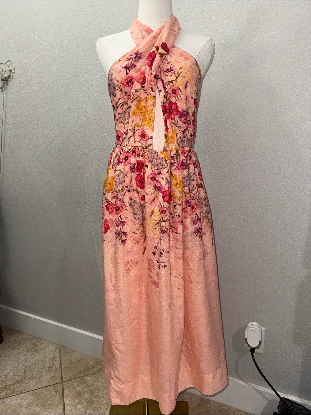 Let Me Be Florentine Halter Midi Dress M FLORAL Anthropologie Peach like color - Picture 5 of 8